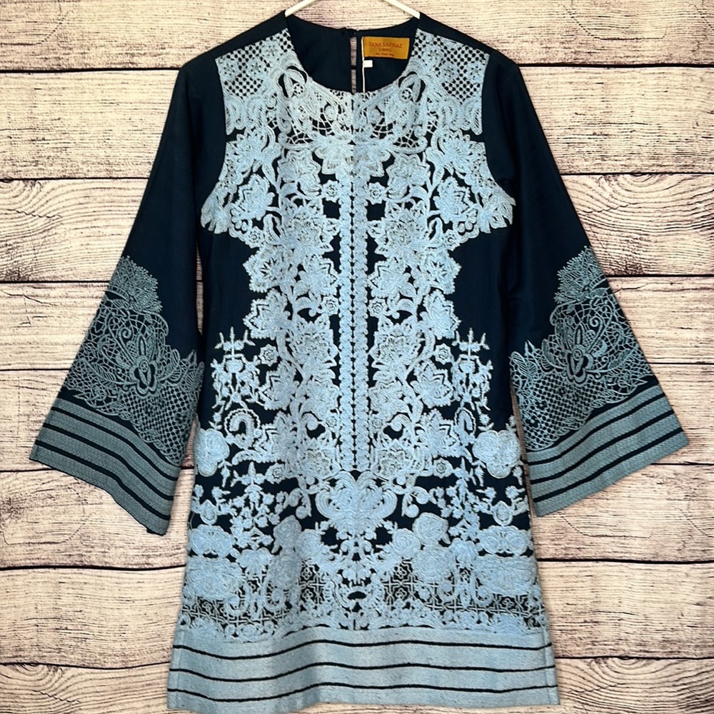 Embroidered Navy Dress with Light Blue Lace Detail
